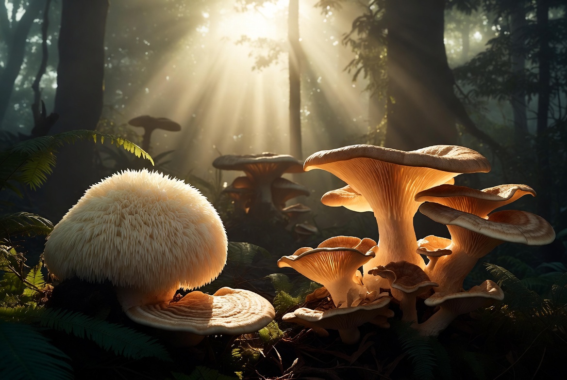Functional mushrooms growing in ancient forest