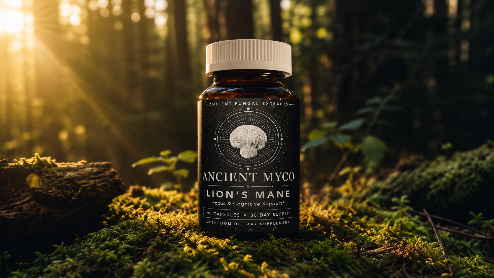 Ancient Myco Lion's Mane supplement in golden forest light